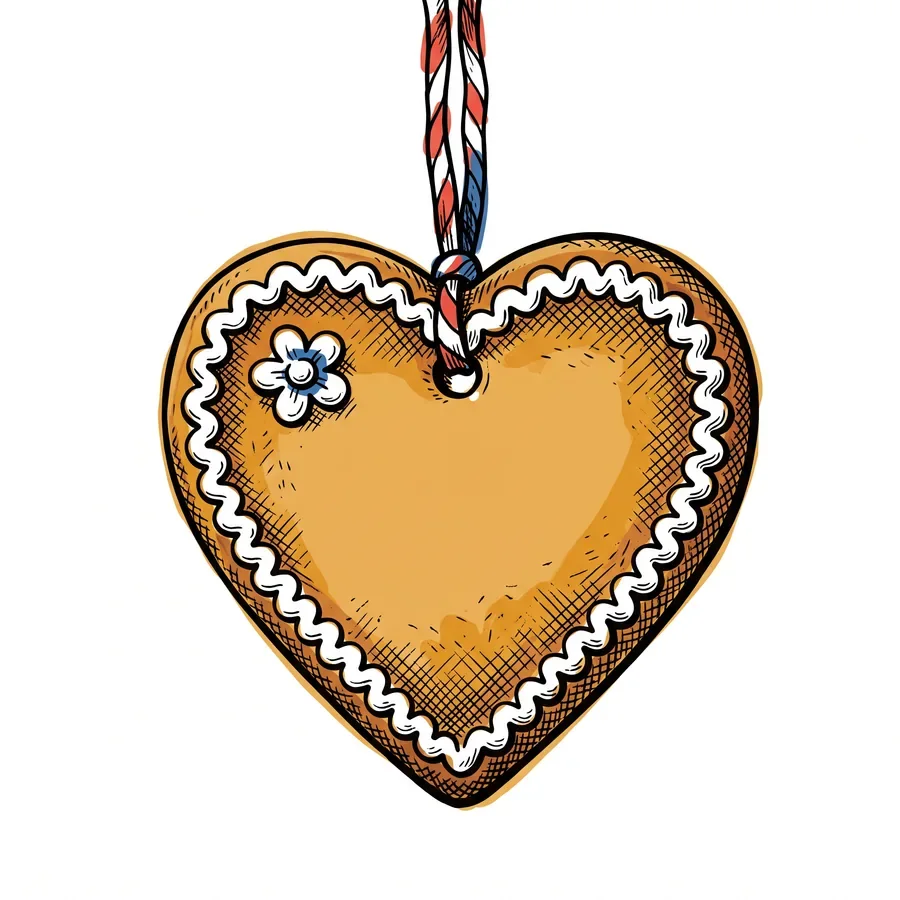 Ink illustration of a traditional Oktoberfest gingerbread heart on a red-and-white ribbon.