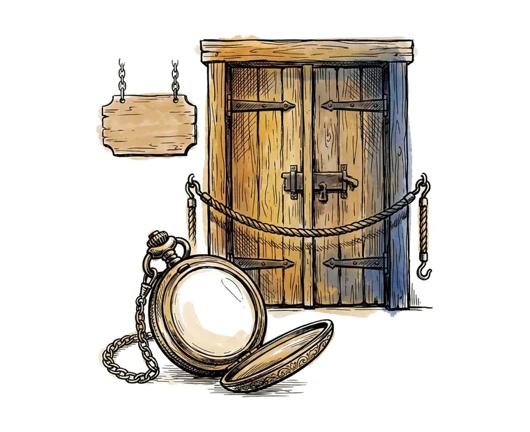 Ink illustration of a closed wooden tent door with a rope barrier across it and a large antique pocket watch in front.