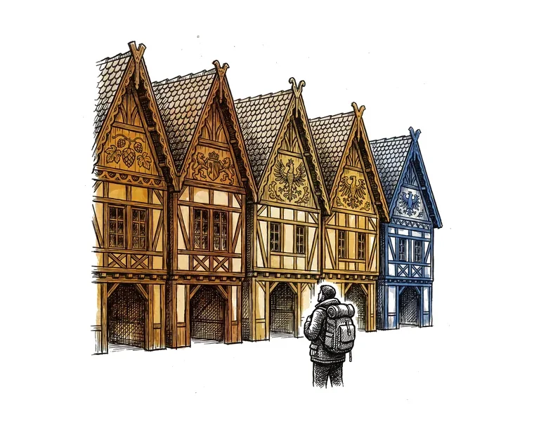 Ink illustration of five grand Bavarian facades side by side, a lone traveler with a backpack standing small in front of them.